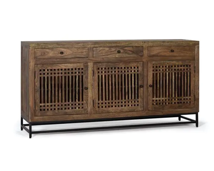 Aparador Oriental 3 Puertas 3 Cajones Madera Acacia Metal, 180 Cm