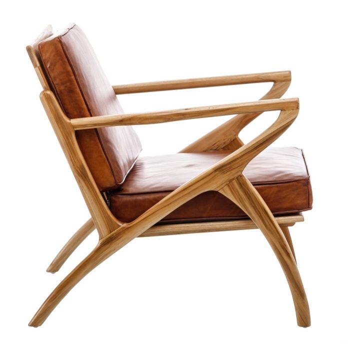 Sillón Étnico Madera Teca Natural Piel Marrón