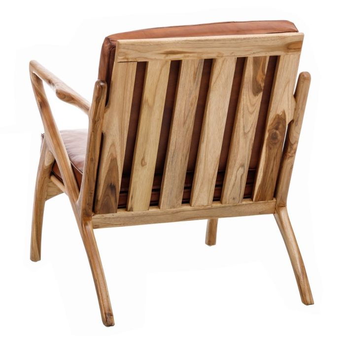 Sillón Étnico Madera Teca Natural Piel Marrón