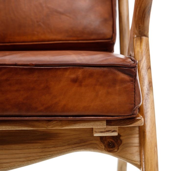 Sillón Étnico Madera Teca Natural Piel Marrón