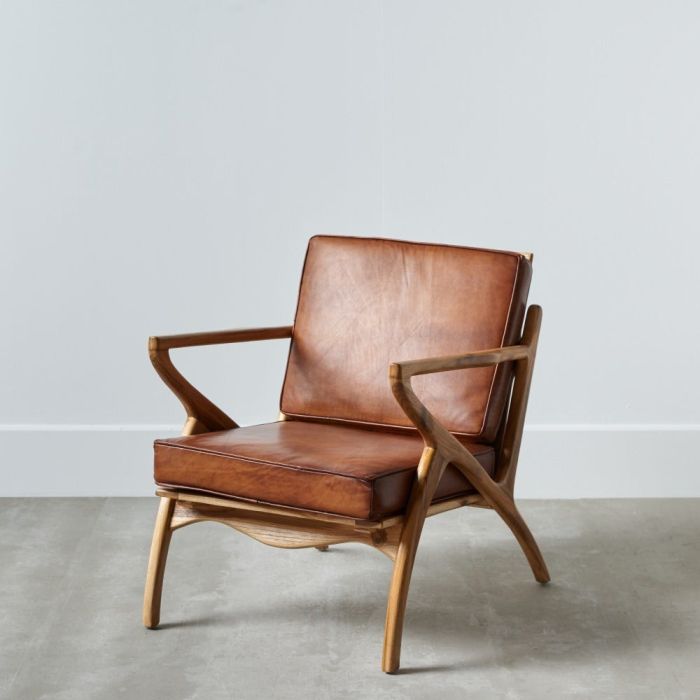 Sillón Étnico Madera Teca Natural Piel Marrón
