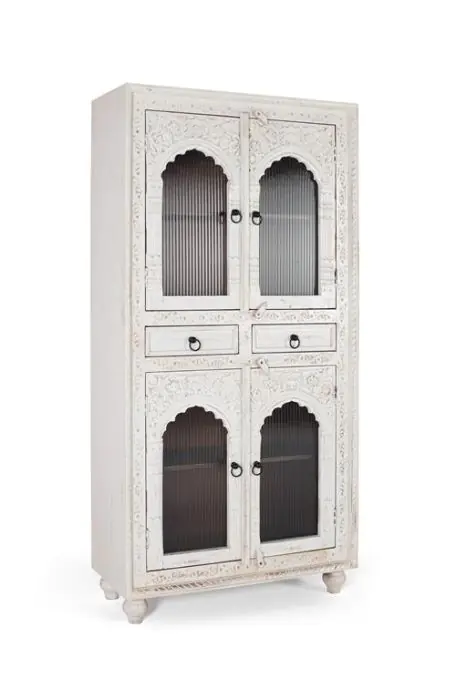 Vitrina 4 Puertas Cristal 2 Cajones Mango Blanco, 180 Cm