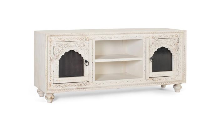 Mueble TV Mango Viejo 2 Puertas Cristal Tallado, 150 Cm