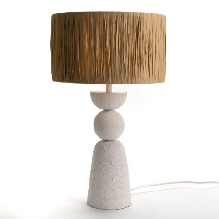 Lámpara Sobremesa Table Art and Craft Estilo Tropical Ratán Natural Metal Blanco, 50 Cm