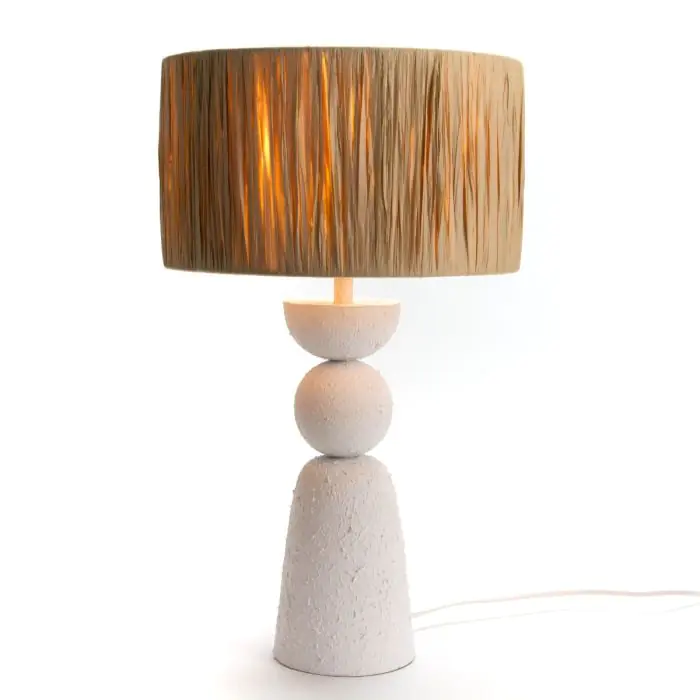 Lámpara Sobremesa Ratán Natural Metal Blanco, 50 Cm
