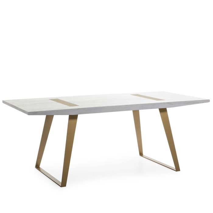 Mesa de comedor art decó en madera de olmo blanco y metal dorado.