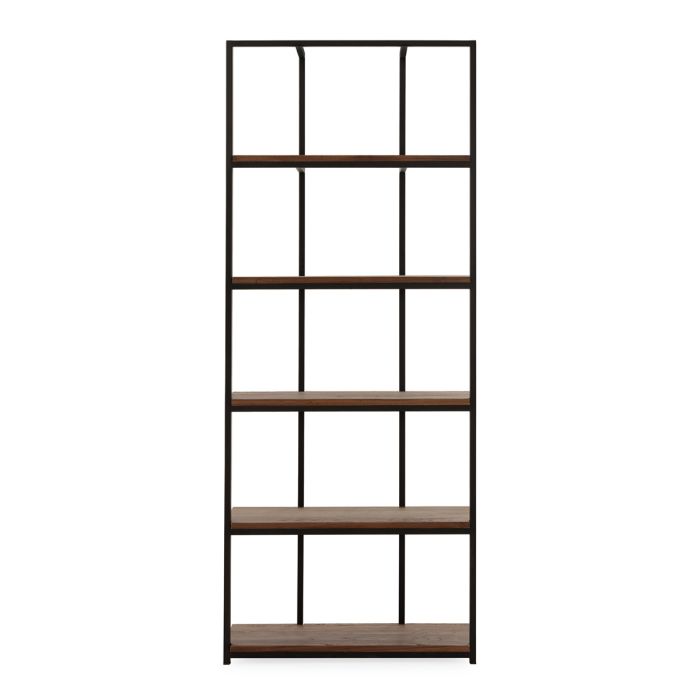Estantería estilo industrial con una estructura de metal negro y baldas de madera de olmo nogal.