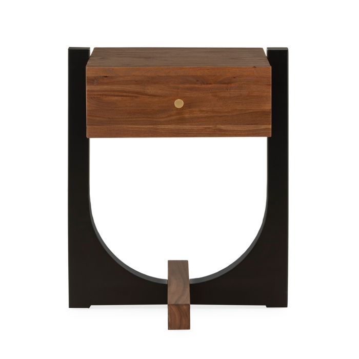 Mesita de Noche Clásica en Madera de Olmo marrón, Metal negro y detalles en dorado.