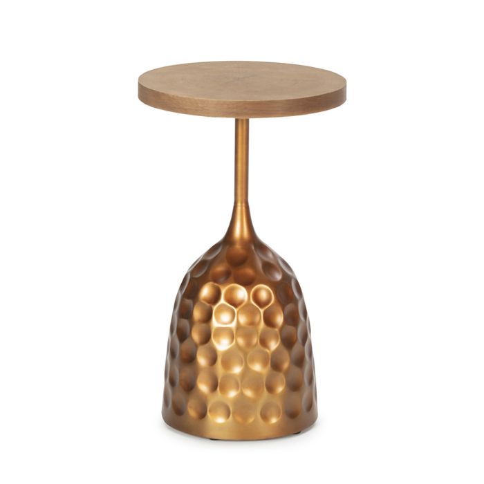 Mesa auxiliar art decó en forma de copa en madera natural y base de metal dorado.