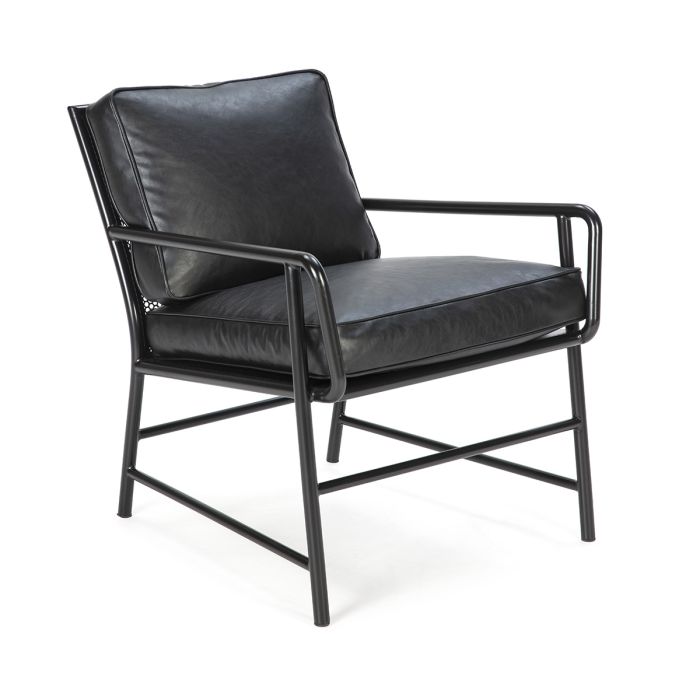 Sillón moderno en metal gris oscuro y dos cojines tapizados en piel sintética negra.