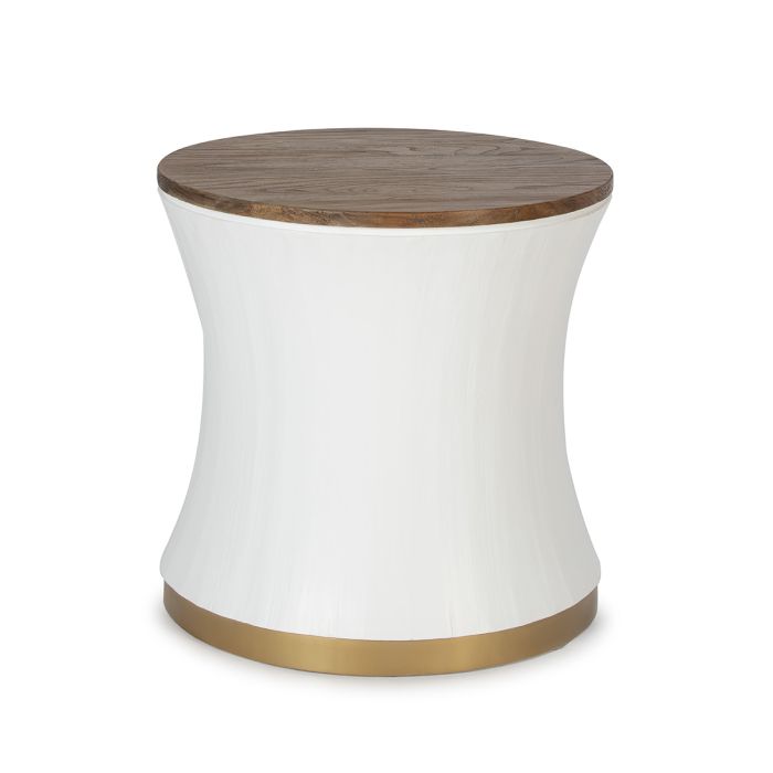 Mesa auxiliar redonda art decó en madera natural, blanco y metal dorado.