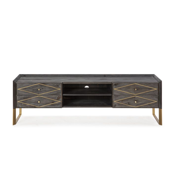 Mueble de TV art decó madera gris con detalles en dorado.