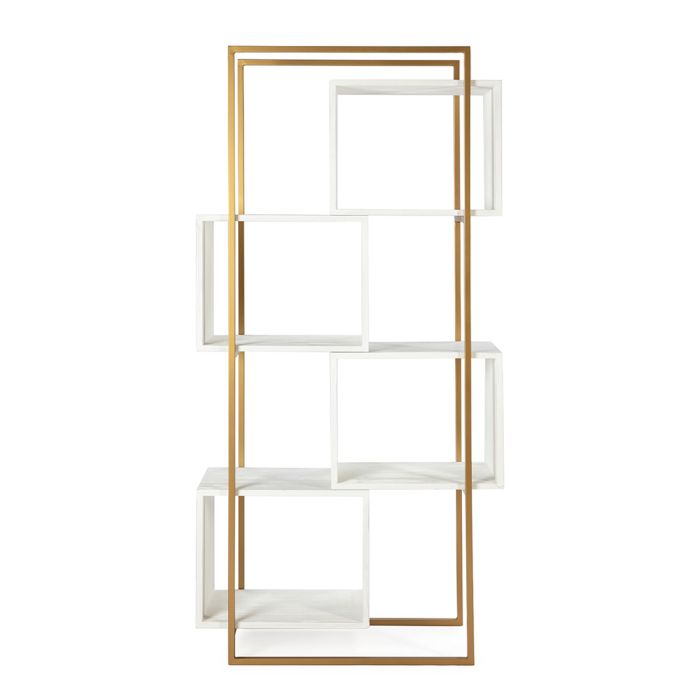 Estantería art decó en madera blanca y metal dorado con 5 compartimentos.