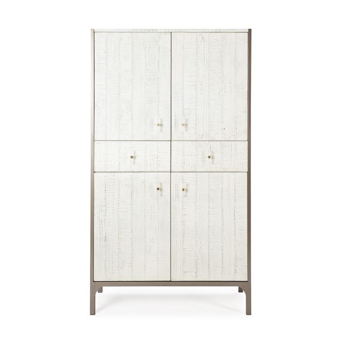 Aparador nórdico en madera blanca y detalles en metal marrón.