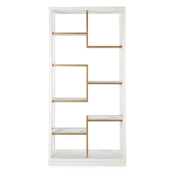 Estantería art decó en madera blanca y metal dorado con 6 compartimentos.