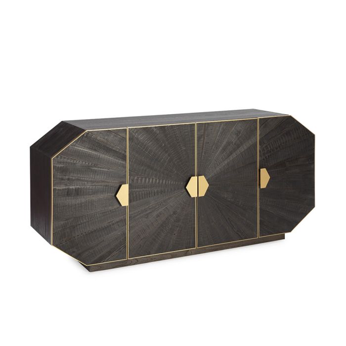 Aparador art decó en madera marrón oscuro y metal dorado.