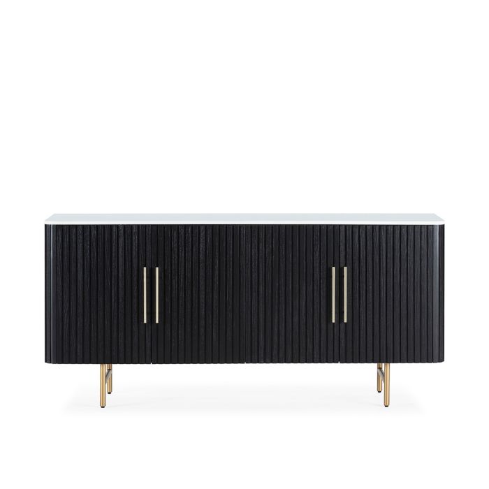 Aparador en madera negra, sobre de mármol blanco y metal dorado.