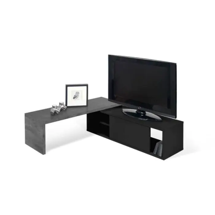 Mueble TV Madera Reciclada Color Negro Efecto Cemento, 110-203 Cm