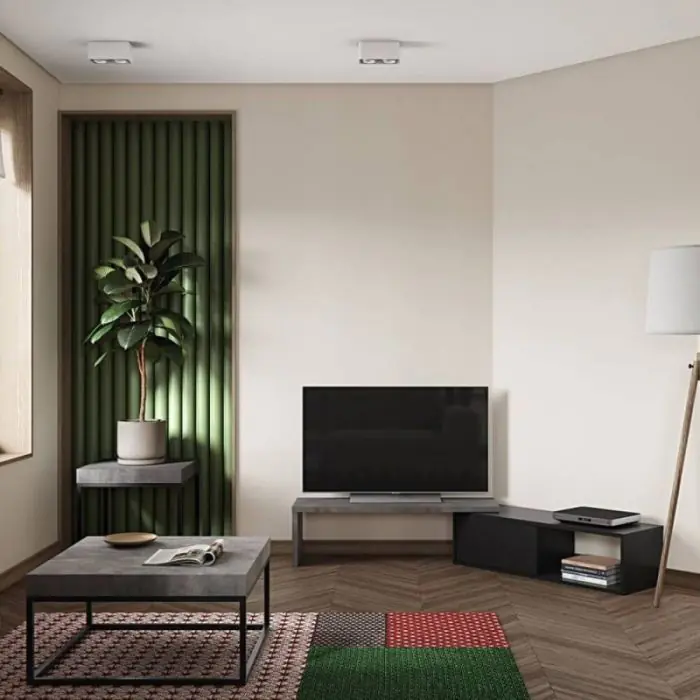 Mueble TV Madera Reciclada Color Negro Efecto Cemento, 110-203 Cm