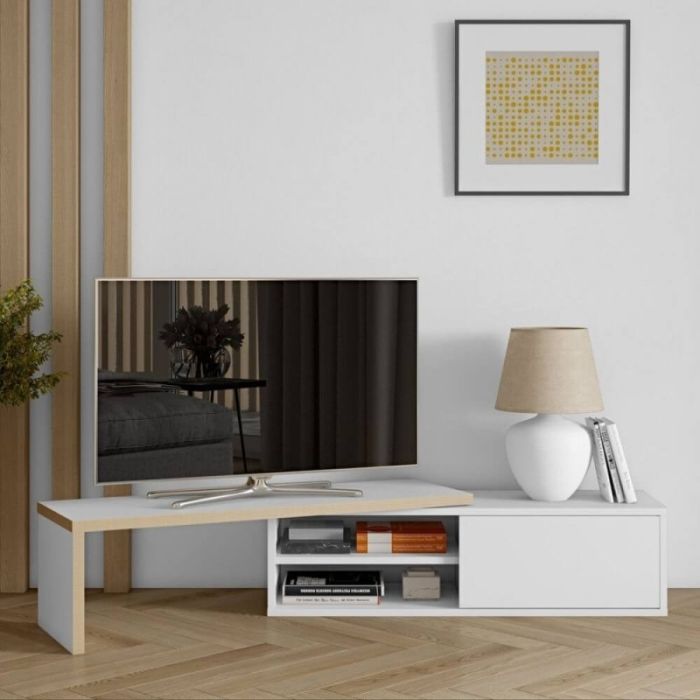 Mueble TV Madera Reciclada Blanco Nogal, 110-203 Cm