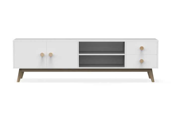 Mueble TV Campus Estilo Nórdico-Moderno Blanco Natural Madera Pino Dm, 180 Cm
