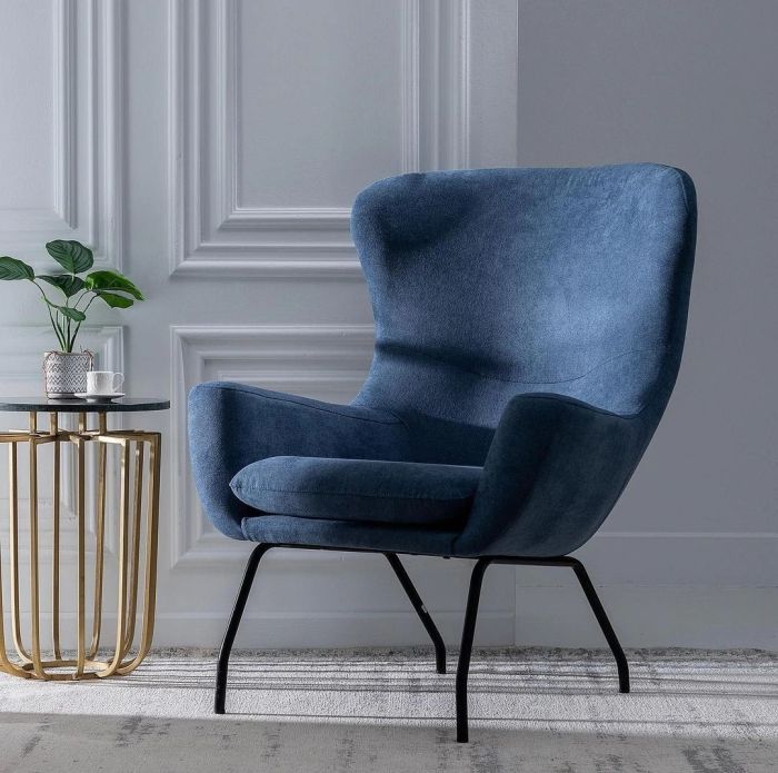 Sillón Diseño Moderno Tejido Azul Metal Salón, 81 Cm