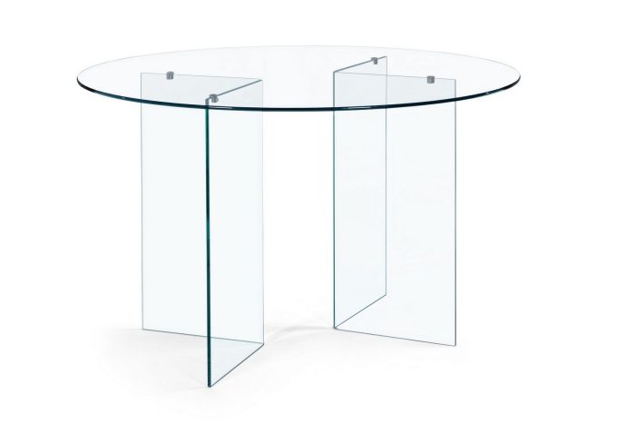 Mesa de comedor moderna en vidrio y vidrio templado transparente.