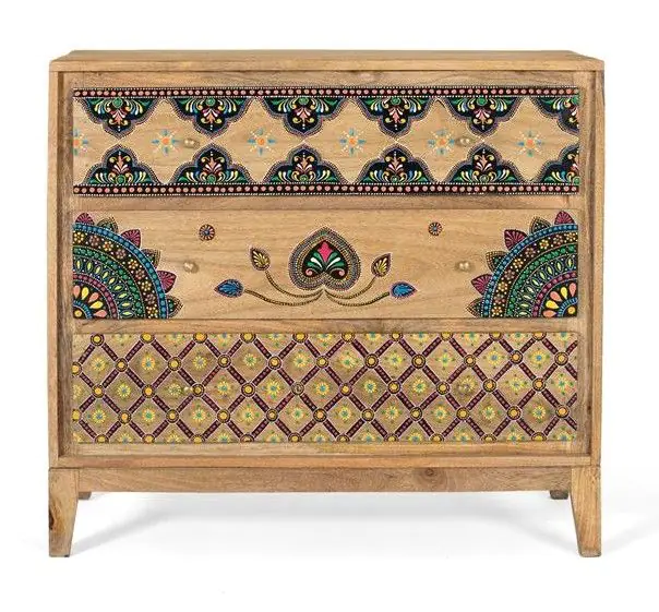 Cómoda Madera Natural Dibujos Pintados, 91 Cm