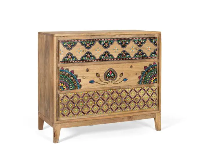 Cómoda Madera Natural Dibujos Pintados, 91 Cm