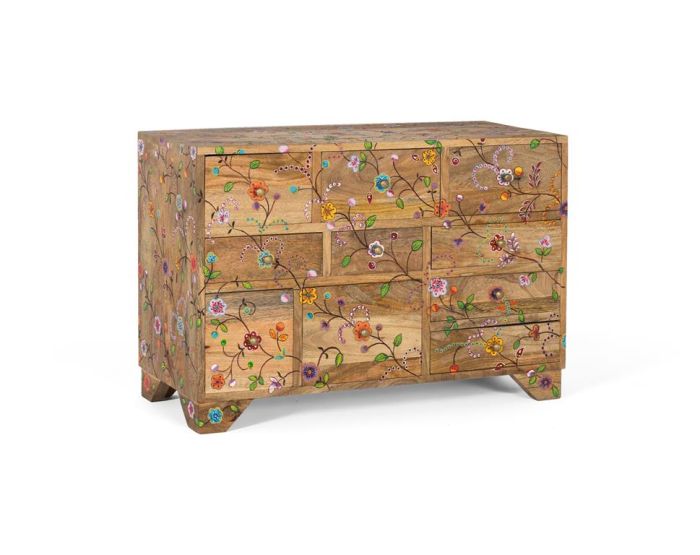 Cómoda Mango Natural 10 Cajones Pintada Flores, 80 Cm