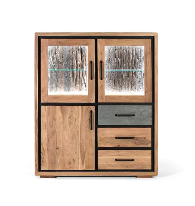Aparador Alto Acacia Natural  Luz Led 3 Puertas, 130 Cm