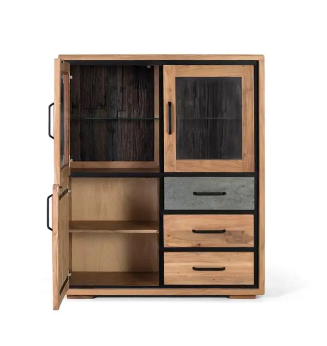 Aparador Alto Acacia Natural  Luz Led 3 Puertas, 130 Cm