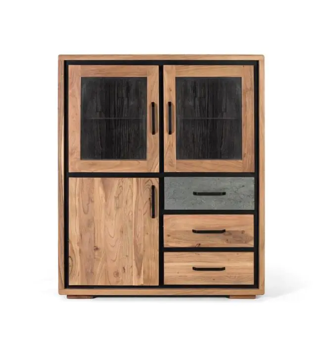 Aparador Alto Acacia Natural  Luz Led 3 Puertas, 130 Cm