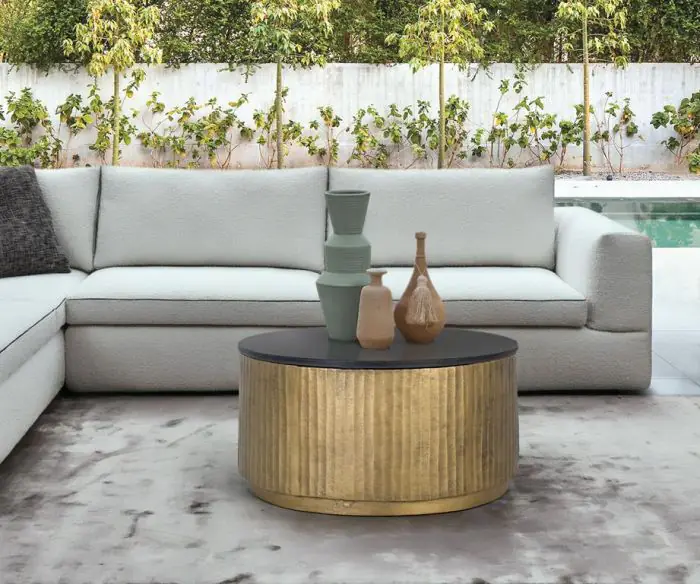 Mesa Centro Metal oro Tapa Granito negro, 80 Cm