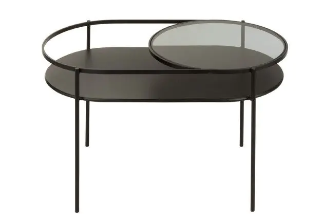 Mesa Centro Ovalada Metal Negro Cristal, 80 Cm