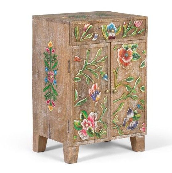 Mesita de noche o mueble auxiliar vintage con dibujos de flores en madera de mango natural y multicolor.