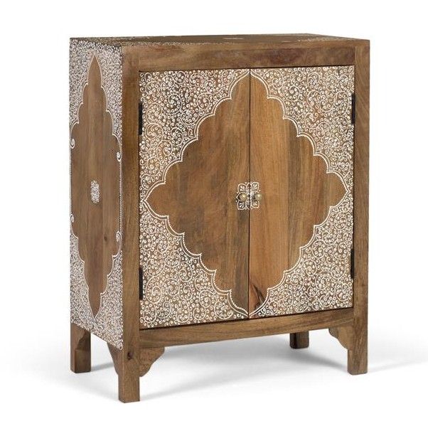Mesita de noche o mueble auxiliar vintage en madera de mango natural con detalles en blanco.