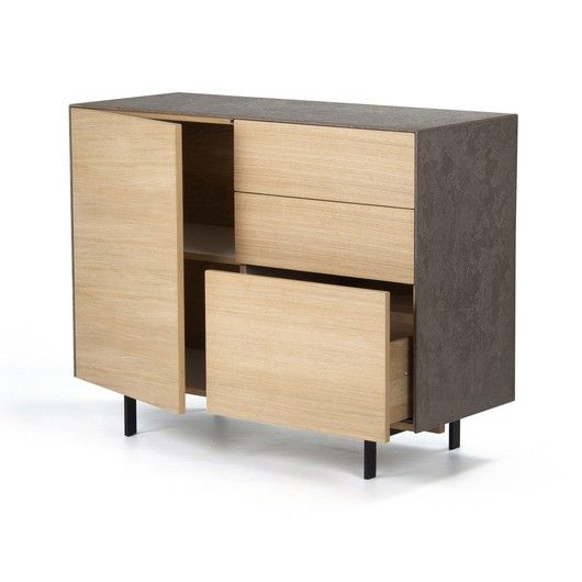 Aparador Nórdico Xena Roble Natural Cemento 1 Puerta 3 Cajones, 112 Cm
