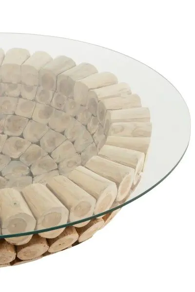 Mesa Centro Disco Cristal Madera Teca Natural, 110 Cm
