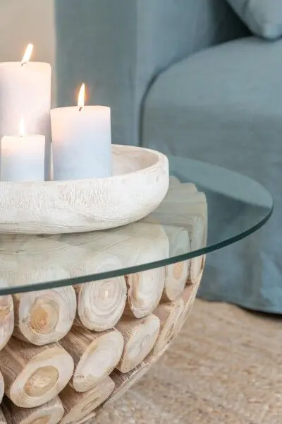 Mesa Centro Disco Cristal Madera Teca Natural, 110 Cm