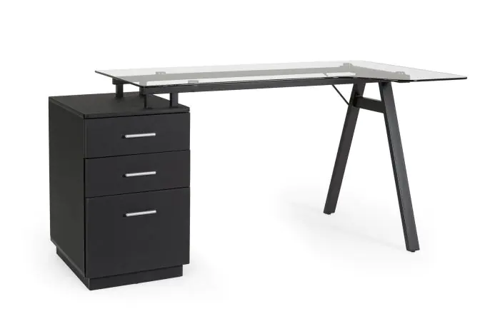 Mesa Escritorio Charlie Ángulo 3 Cajones Vidrio Templado Acero, 150'5 Cm