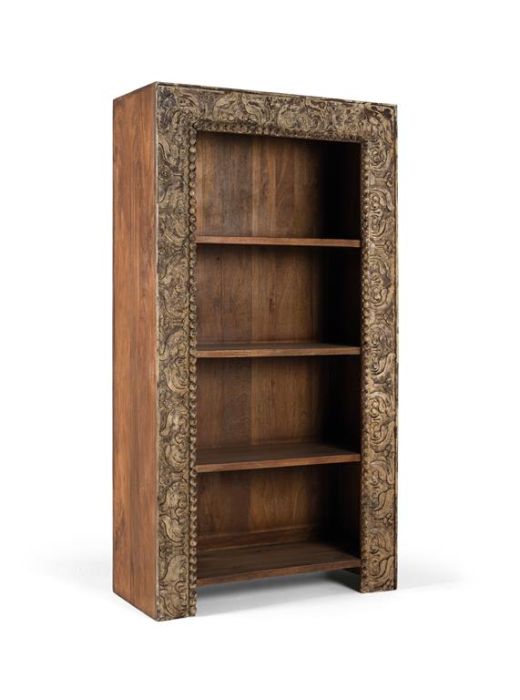 Librería estilo vintage en madera de mango envejecido con flores talladas a mano. 