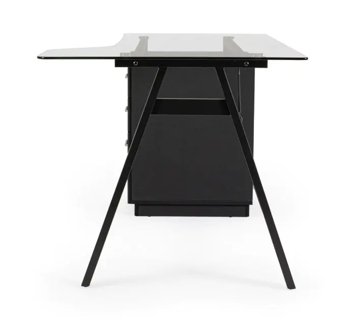 Mesa Escritorio 3 Cajones Vidrio Templado Acero Negro, 150'5 Cm