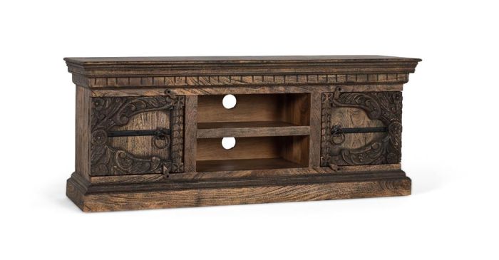 Mueble de TV vintage en madera de mango marrón envejecido.