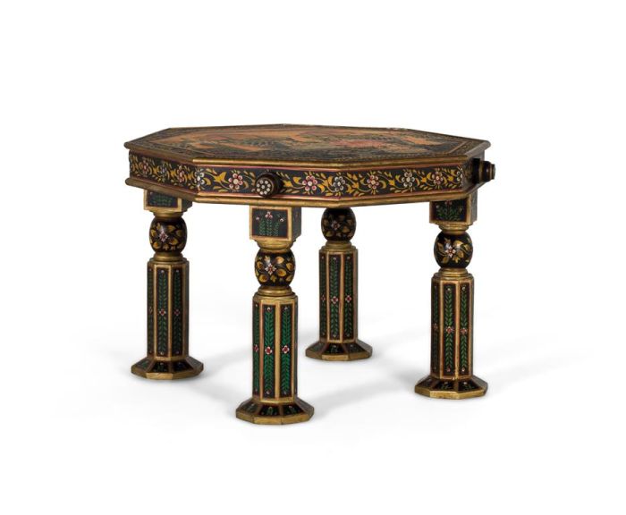 Mesa de centro oriental en madera de mango multicolor con motivos florales.