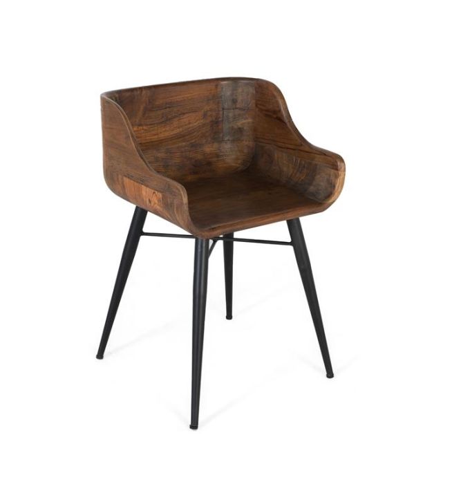 Silla industrial en madera de teca acabado avellana y patas metálicas de hierro negro.
