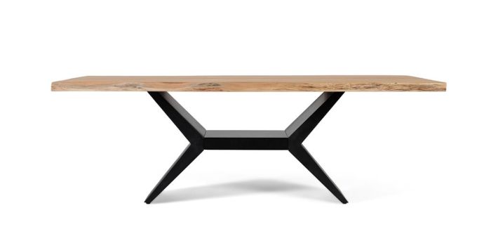 Mesa de comedor rectangular estilo industrial en madera de acacia natural y patas de hierro negro.
