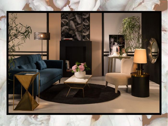 Mesa Auxiliar 43x43x51 Cristal/Metal Dorado/Negro