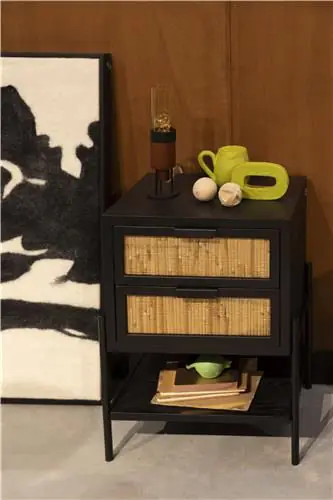 Mesita de Noche Madera Negro Ratán Natural,64 Cm