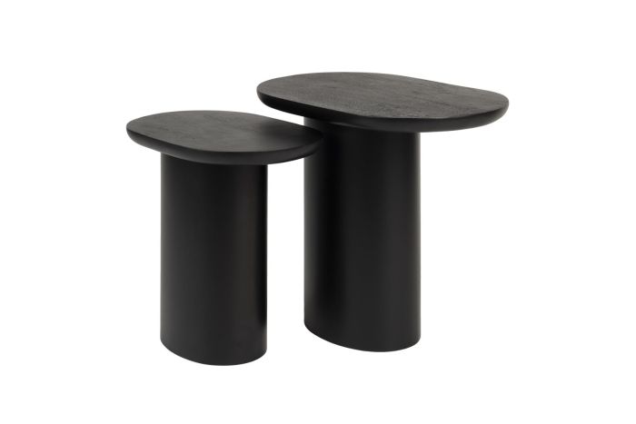Set 2 mesas auxiliares de diseño moderno en madera de mango y base de hierro negro.